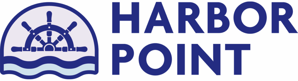 Harbor Point logo with three waves and and a navy blue boat wheel and text "Harbor Point"