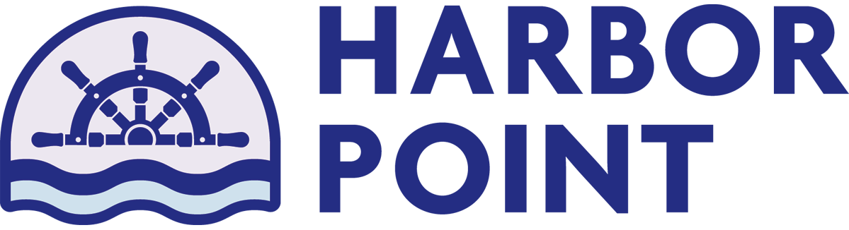 Harbor Point logo with three waves and and a navy blue boat wheel and text "Harbor Point"
