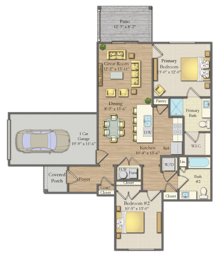 Illustrated floor plan showing a multi-bedroom townhome layout with two-car garage and covered porch