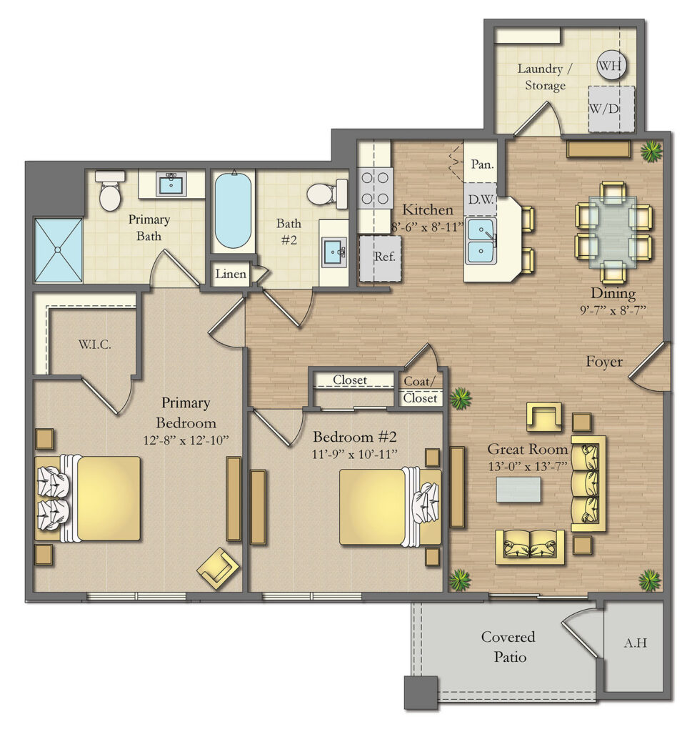 Illustrated floor plan showing a multi-bedroom layout with primary suite, great room, and covered patio