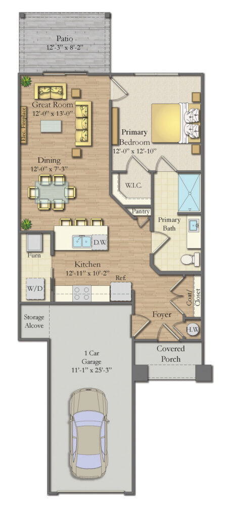 Illustrated floor plan showing a multi-bedroom townhome layout with dining room, kitchen, and living areas