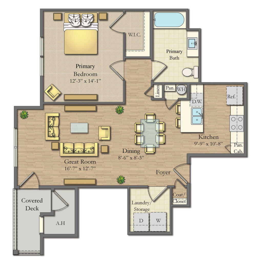 Illustrated floor plan showing a multi-bedroom layout with primary bedroom, great room, dining, and covered patio