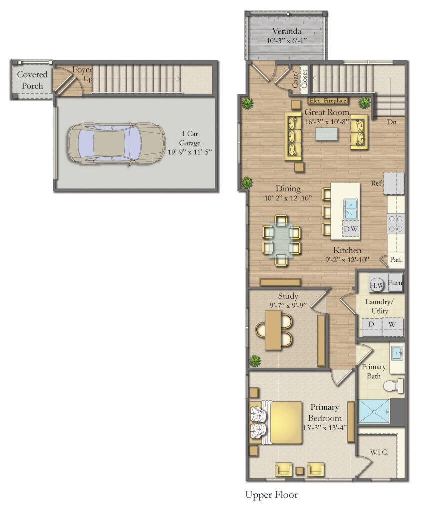 Illustrated floor plan showing a townhome layout with two-car garage and multi-level living spaces