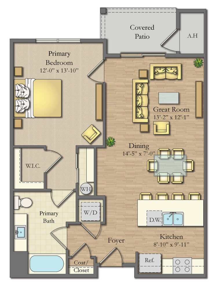 Illustrated floor plan showing a two-bedroom layout with primary bath, great room, dining, and kitchen