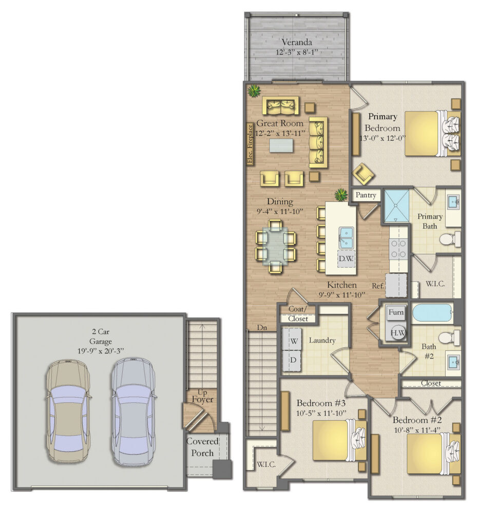 Illustrated floor plan showing a multi-story townhome layout with one-car garage and living areas