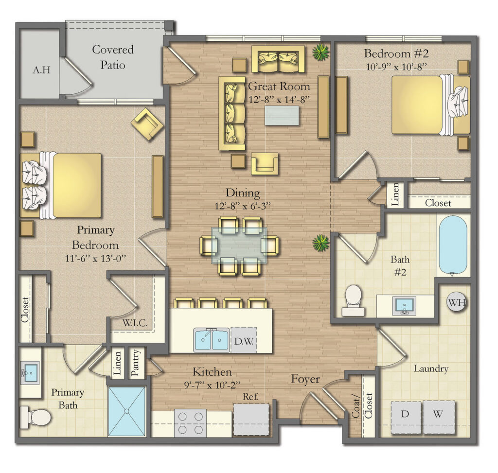 "Illustrated floor plan showing a multi-bedroom layout with primary suite, great room, and covered patio