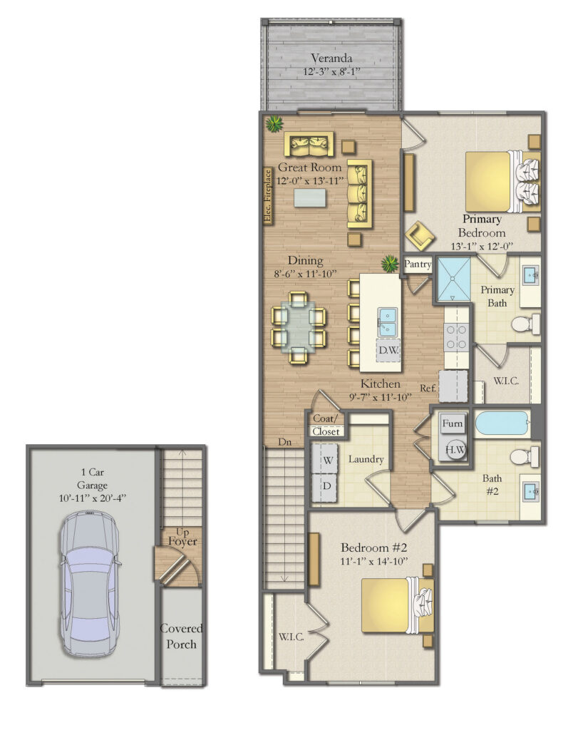Illustrated floor plan showing a two-story townhome layout with garage and upper-level bedrooms