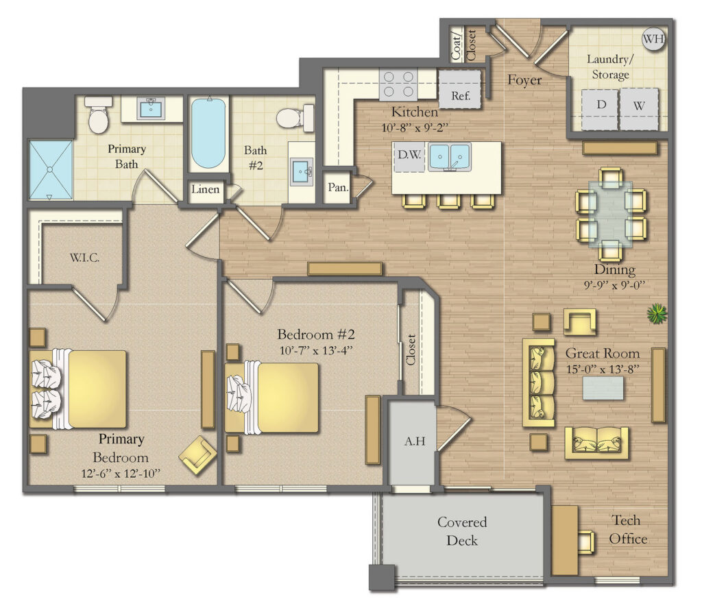 "Illustrated floor plan showing a multi-bedroom layout with primary suite, dining room, and covered patio