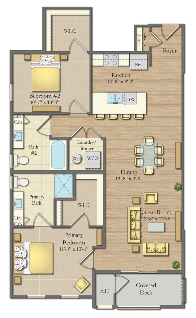 Illustrated floor plan showing a multi-bedroom apartment layout with terrace, dining, and living areas