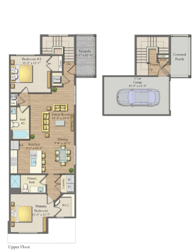 "Illustrated floor plan showing a townhome layout with one-car garage and multi-level living space