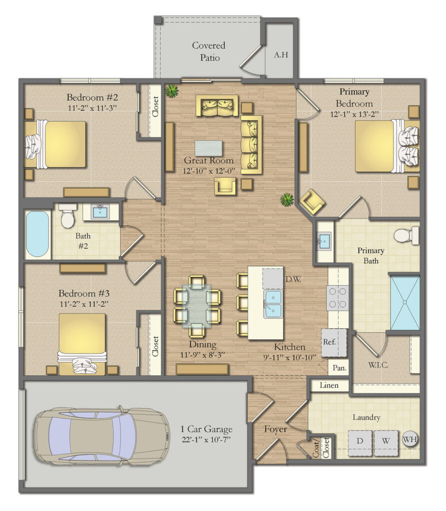 Illustrated floor plan showing a multi-bedroom apartment layout with attached garage and living spaces