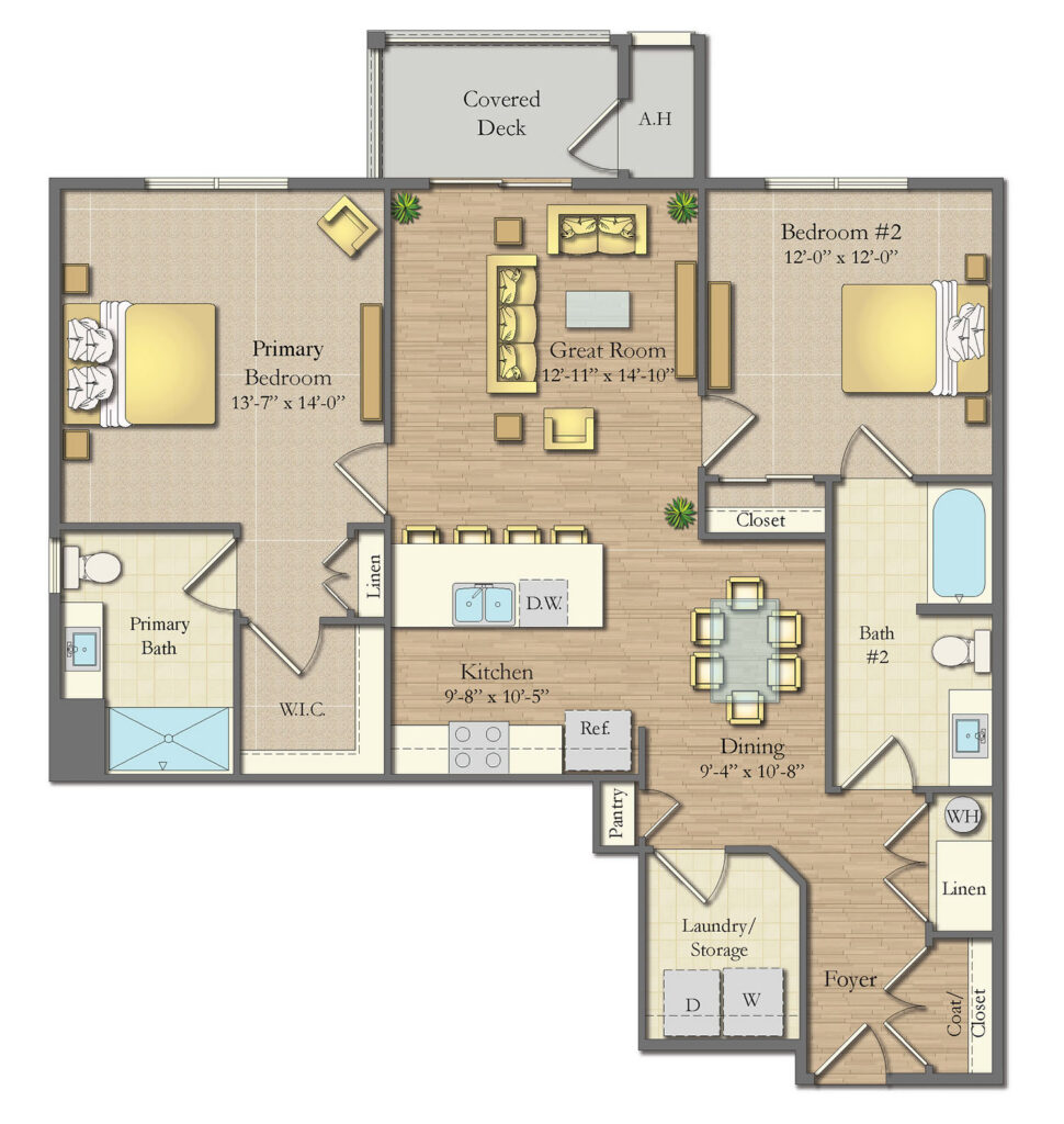 Illustrated floor plan showing a multi-bedroom apartment layout with living areas, bedrooms, and bathrooms